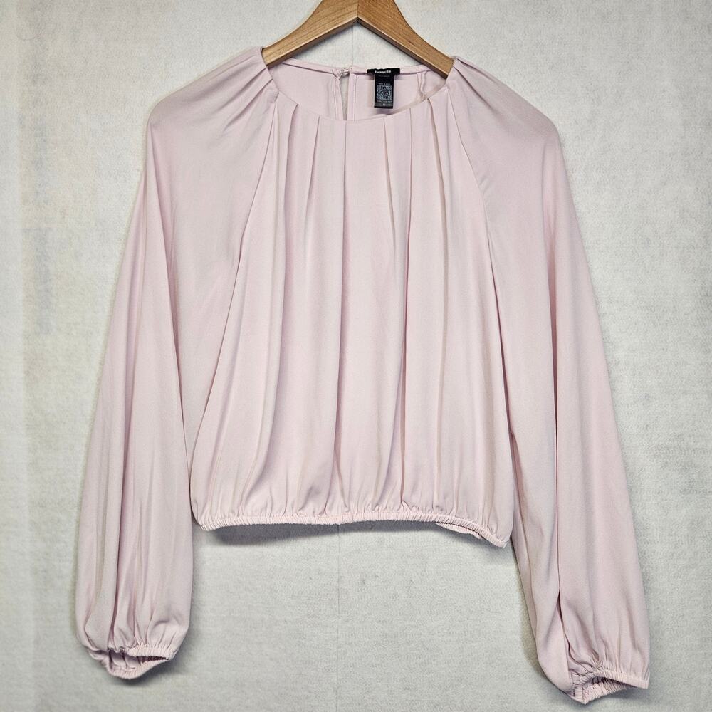 Express Womens XS Pink Long Sleeve Gathered Elastic Hem Top Crewneck Blouse